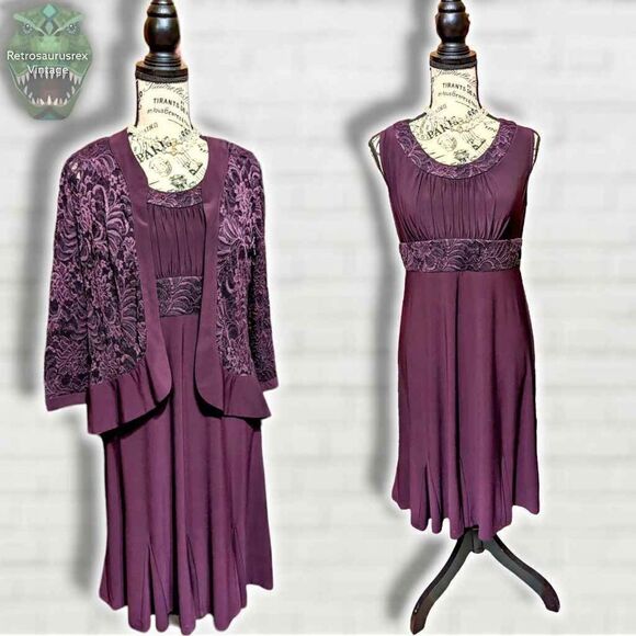 R&M Richards Purple Sequin Stretch Jersey Cocktail Dress & Bolero Blazer Jacket - Picture 1 of 7